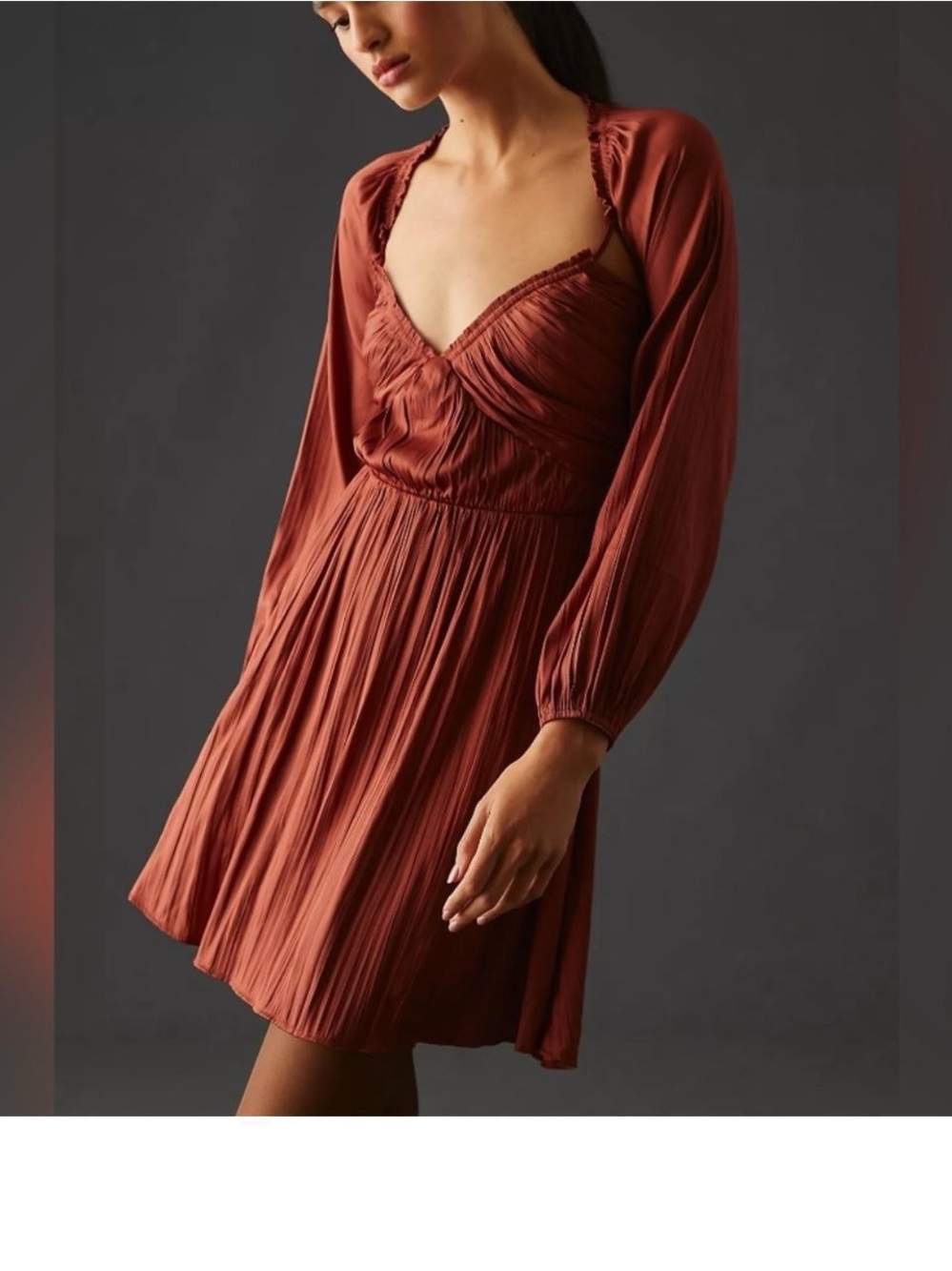 Rust Red Pleated V-Neck Long Sleeve Dress